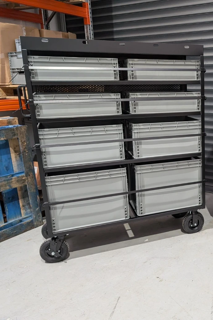 Bespoke Film and TV production cart, 8 milk crate, flag storage