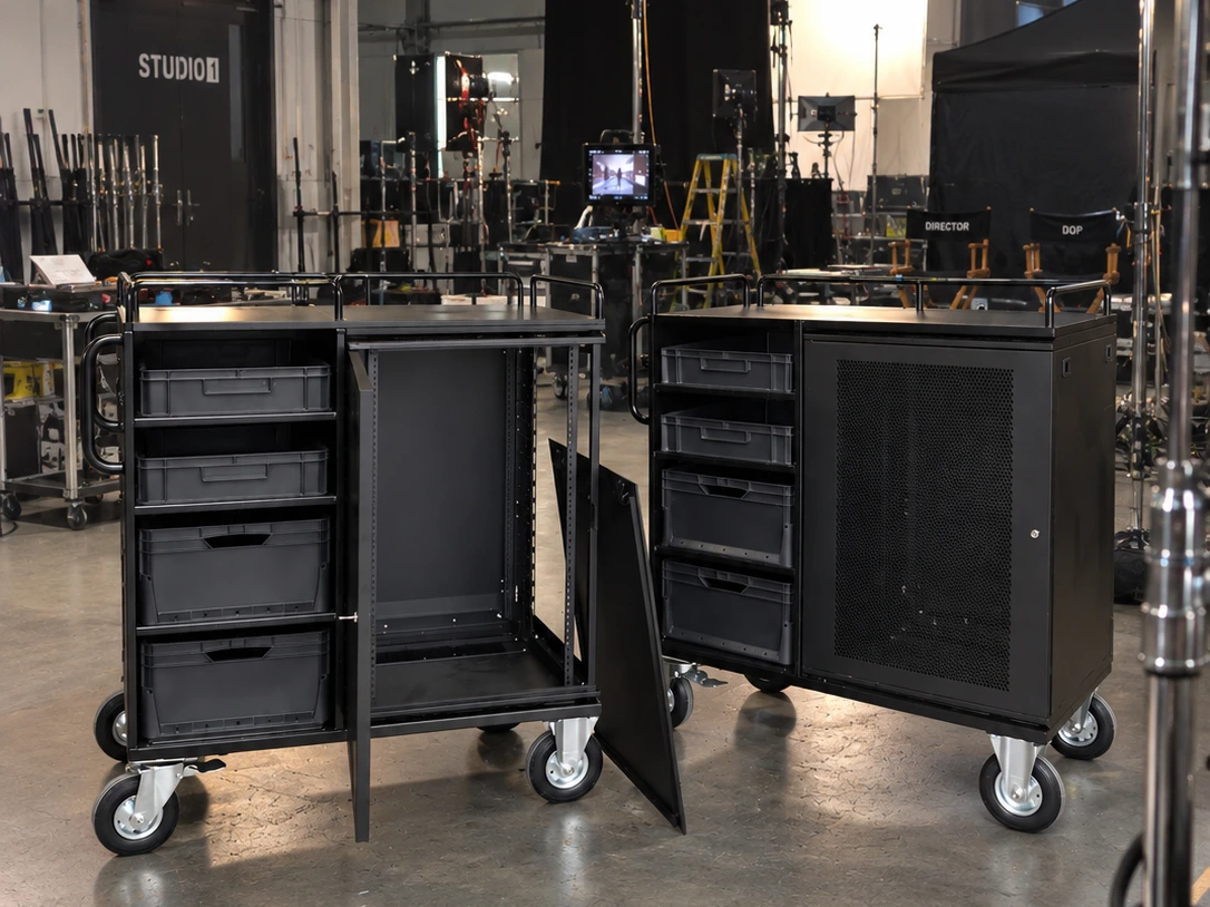 2 Bespoke Broadcast Carts, one with side panels removed